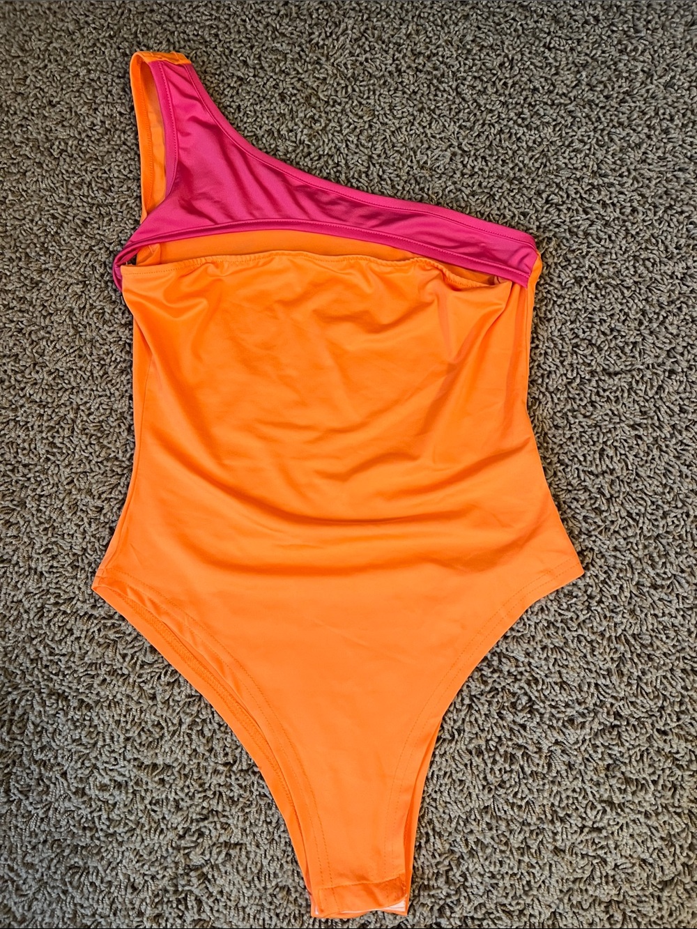 SHEIN Orange One-Shoulder Bodysuit with Pink Trim